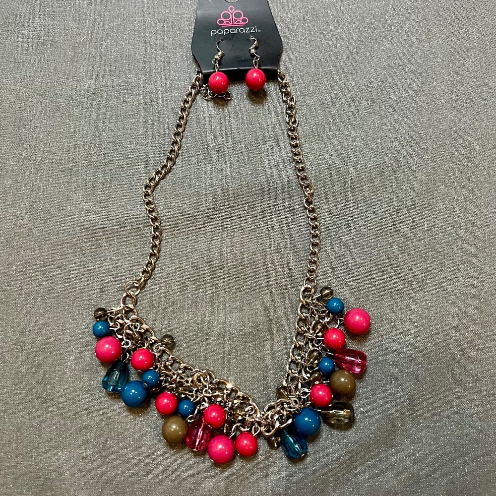 New Paparazzi Silver Pink Blue Beaded Necklace and Earring Set
